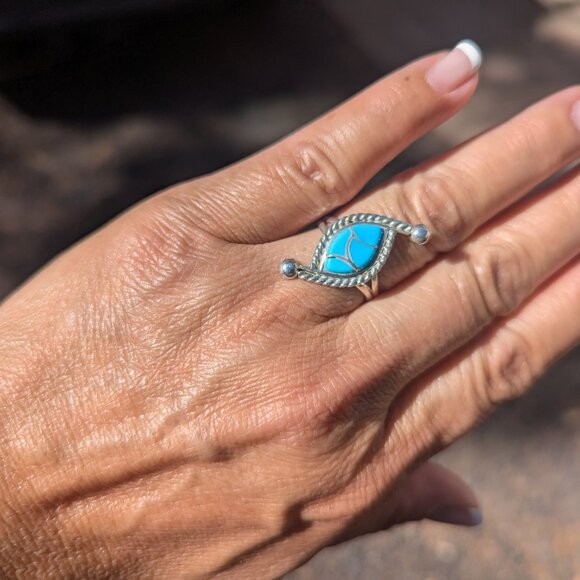 Handmade Zuni Fish Scales Ring Inlay Turquoise Sterling Silver Jewelry Sz 7.25** - Picture 1 of 9